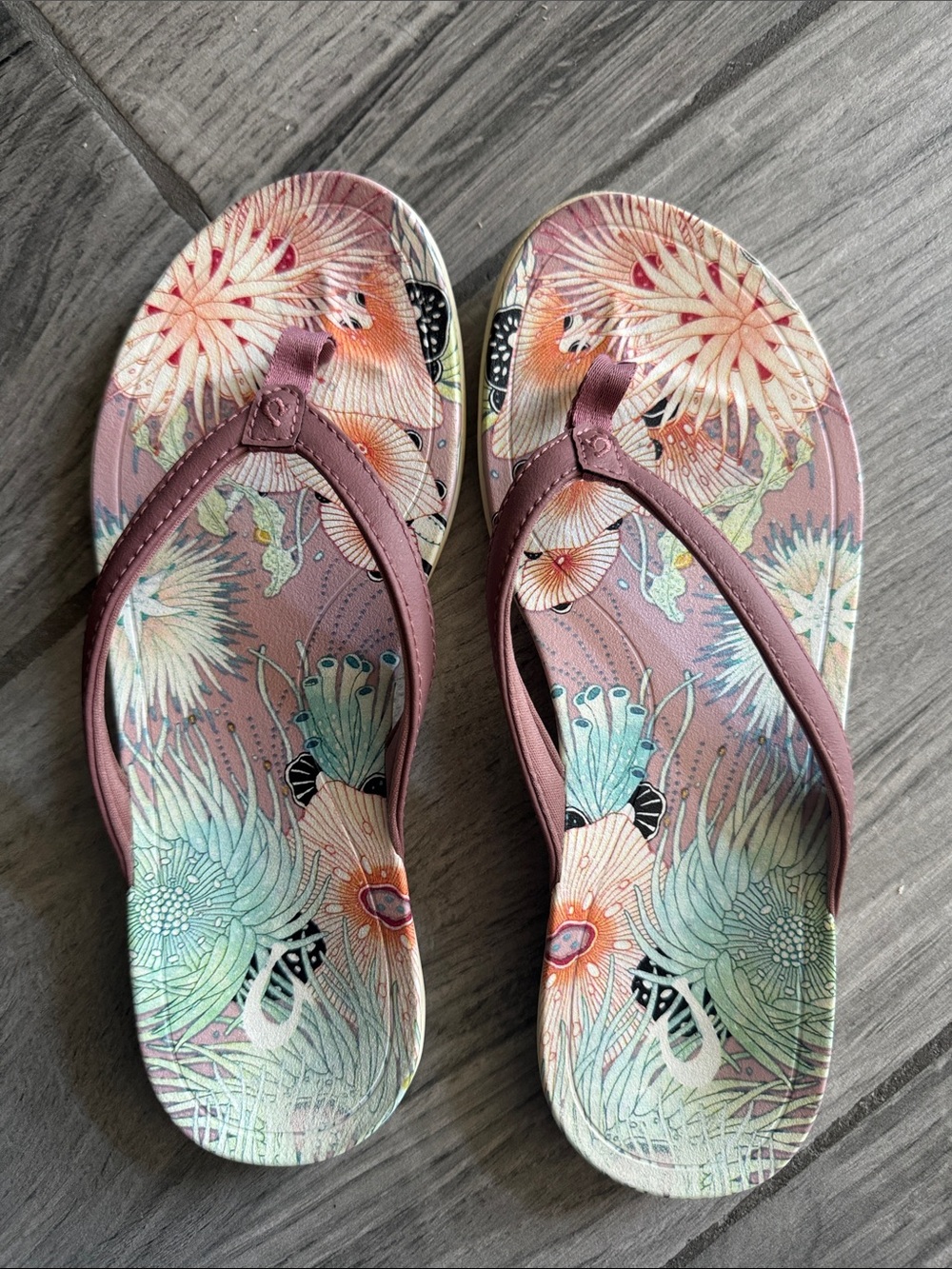 OluKai Floral Print Pink and Mint Flip Flop Sandals - Picture 5 of 5